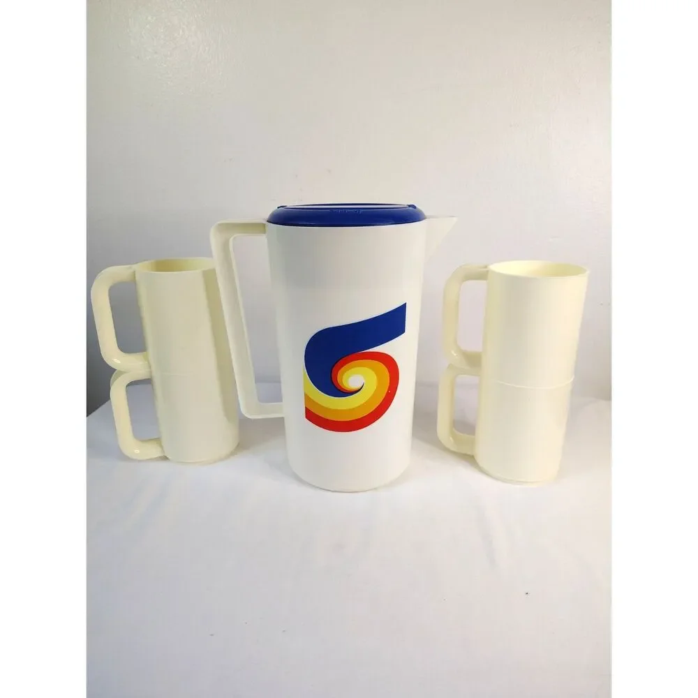 Vintage 1970s Am Pro Plastic Pitcher & 4 Stackable Mugs Retro Camping Set